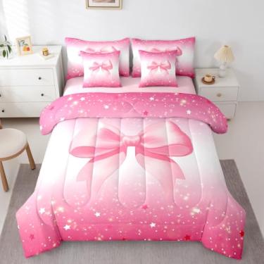 Imagem de Feelyou Conjunto de edredom casal com laço rosa, 7 peças, estampa estrelada com glitter, para crianças, meninos, meninas, lençol com edredom, lençóis, fronhas, capas de almofada, princesas sonhadoras