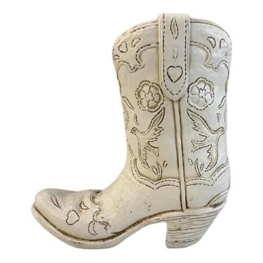 Imagem de Top Brass Porta-lápis e caneta de cowboy branco antigo – Minivvaso de resina rústica e organizador de mesa ocidental – Pássaros, flores e corações de couro trabalhado, base macia – 11 cm de altura