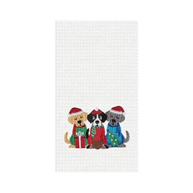 Imagem de CF Home Carolin Dogs Bordado Waffle Weave Toalha de Cozinha Natal Feriado Lavável à Máquina Toalha de Algodão Decoração Decoração 45,7 cm x 78 cm Branco