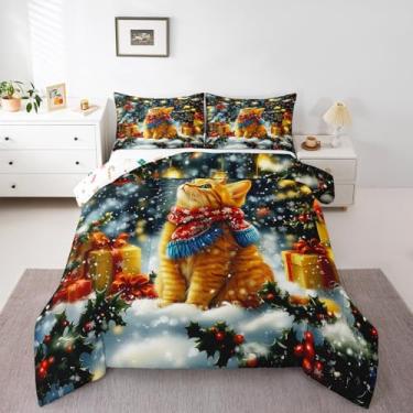 Imagem de Conjunto de edredom de gato de Natal, tamanho king, colorido de pinheiro, 3 peças, para decoração de quarto de crianças, meninos, meninas, adolescentes, conjunto de edredom de inverno com floco de