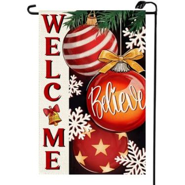 Imagem de Bandeira de jardim de boas-vindas de Natal, 30,5 x 45,7 cm, vertical, dupla face, enfeite de bola de Natal, flocos de neve, bandeiras pequenas, decoração externa de casa de fazenda para quintal SD22