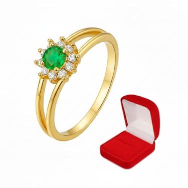 Imagem de Anel Verde Feminino Solitário Dois Aros Banhado a Ouro 18k Zircônias Pedras Presente (17)