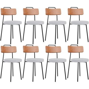 Imagem de Kit 08 Cadeiras Decorativas Estofada Sala Jantar Barcelona L02 Couríssimo Camel Linho Cinza - Lyam