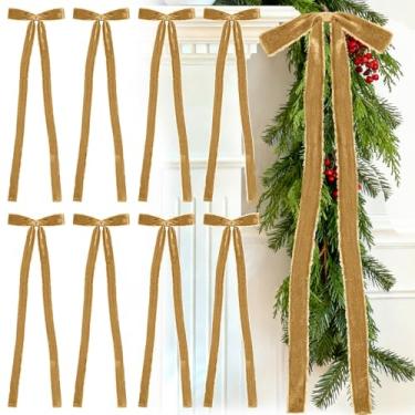 Imagem de Glitinsel 8 peças de laços de Natal de veludo, pré amarrados, feitos à mão, com franjas, laços de fita de veludo, artesanato rústico, embrulho de presente para guirlanda de Natal, guirlanda de escada