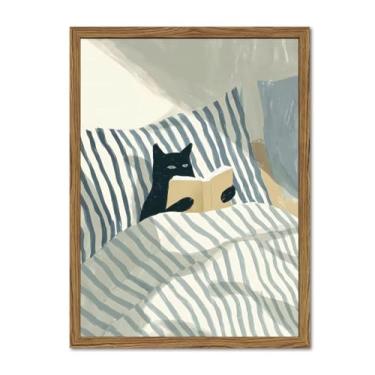 Imagem de Arte de parede de gato preto engraçado gato fofo na cama lendo decoração de parede, pôster listrado azul e branco para amantes de livros de animais impressões de pintura em tela para quarto sala de