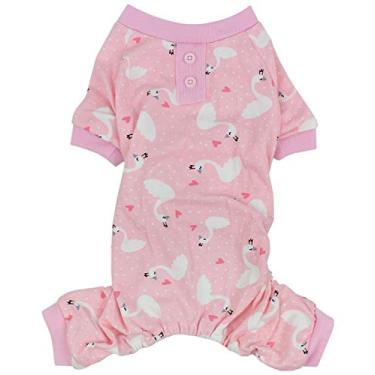 Imagem de Parisian Pet Pijamas para cães – Pijama para cães de cisne rosa de algodão puro – Calça elástica para cães – Roupa de cama para cães – Lavável na máquina – Body para filhotes – Pijama para cães