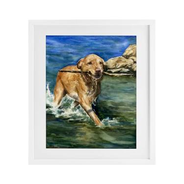 Imagem de Stupell Industries Impressão emoldurada Happy Labrador com bastão preto sob vidro, design de George Dyachenko, 40,6 x 33,5 cm