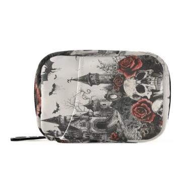 Imagem de Caixa organizadora de pílulas, porta-comprimidos de viagem semanal, 7 dias, fofo, organizador de vitaminas, organizador, organizador, armazenamento, compacto, castelo de Halloween, crânio, rosa, bat05