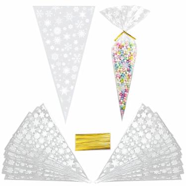 Imagem de FAZHBARY 100 unidades de sacos de guloseimas de celofane em forma de cone de floco de neve de Natal, sacos de plástico triangulares transparentes para armazenamento de doces e pipocas