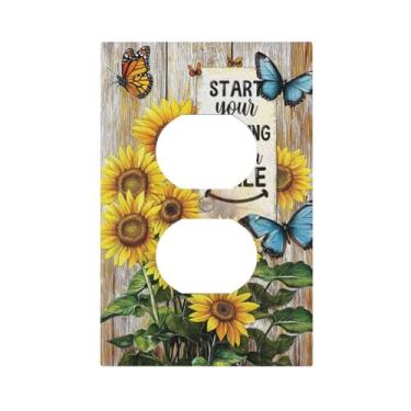 Imagem de JDAKHD Capas decorativas para tomadas de girassóis e borboletas vibrantes, placa decorativa dupla de 1 gangue, placa de interruptor elétrico com textura de madeira rústica, placa frontal alegre para