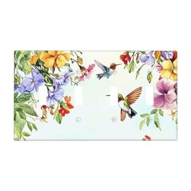 Imagem de JDAKHD Placa de cobertura para interruptor de luz, beija-flores e arte floral em aquarela decorativa quadriciclo, placa de parede, pássaros botânicos tropicais, 4 gangues, placa elétrica para cozinha