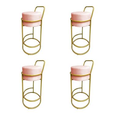 Imagem de Kit 4 Banquetas Alta Redonda Base Dourada Veludo - Rose