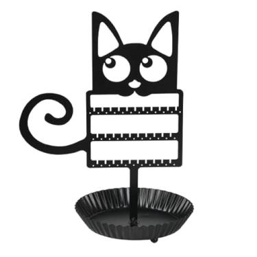 Imagem de OMISTAR Organizador de brincos em forma de cachorro, suporte criativo de exibição de joias com cauda espiral, organizador de brincos de metal preto com bandeja redonda para decoração de casa e