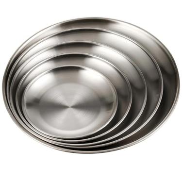 Imagem de Pratos de servir 304 inoxidáveis, 5 peças, bandejas redondas de aço para churrasco lanches frutas, tamanhos de 15 cm a 26 cm, conjunto de pratos de jantar, conjunto de pratos de metal, conjunto de
