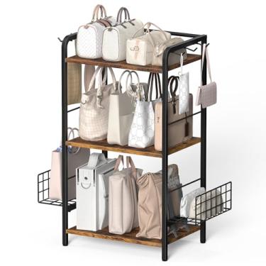 Imagem de PINPON Organizador de bolsa de 3 camadas, suporte de armazenamento de ferro e madeira com 6 ganchos e 2 cestos removíveis, pés ajustáveis para armário, quarto, entrada, sala de estar