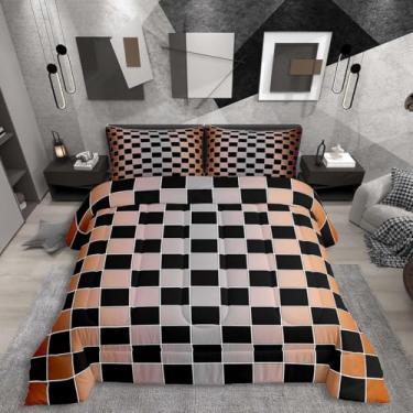 Imagem de Erosebridal Jogo de cama King xadrez geométrico, laranja, cinza, ombré, dégradé para adultos, homens e mulheres, edredom com grade de guingão