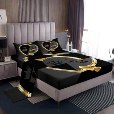 Imagem de Erosebridal Jogo de lençol King e Queen, romântico, dourado, branco, coração amoroso, casal amado, cinza e preto, lençol com elástico para adultos, homens e mulheres, decoração de quarto