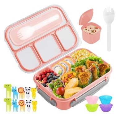 Imagem de Bento Box, Lunch Box, Marmita com 4 Divisórias, 1300ml à Prova de Vazamento-Recipiente para Marmita Adulto/Criança, Microondas Seguro Com Garfinho, Forminha de Cupcake e Escova de Silicone (Rosa)