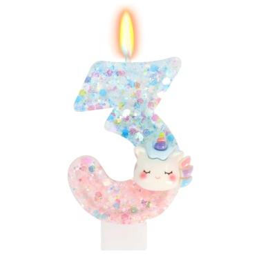Imagem de Elekfx Vela de unicórnio número 3, decorações de aniversário de unicórnio para meninas, lembrancinhas de festa de terceiro aniversário, topo de bolo arco-íris azul pastel e rosa com lantejoulas