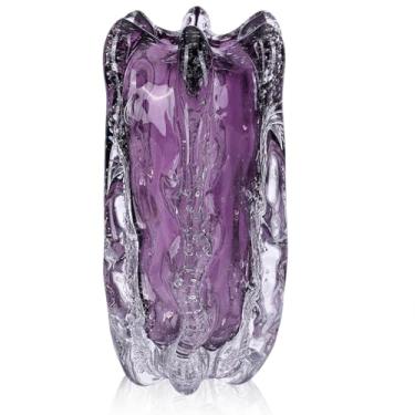 Imagem de Vaso de vidro soprado à mão, vaso de vidro exclusivo de boca larga, vaso decorativo roxo de arte moderna, adequado para espaços de escritório, locais de casamento, mesas de centro de sala de estar ou