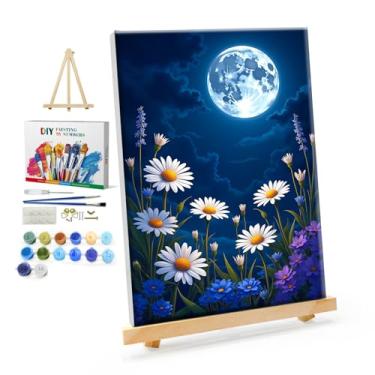 Imagem de YOYA Kit de pintura emoldurada por números para adultos - Kits de pintura de lua para adultos por números em tela com cavalete, pintura de lua de flor DIY por número tela emoldurada para decoração de