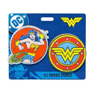 Imagem de Spoontiques Conjunto de esponja premium da Mulher Maravilha – Pacote com 2 esponjas de limpeza multiuso – Esfoliante dupla face, antiarranhões e lenço absorvente – durável, reutilizável, resistente ao