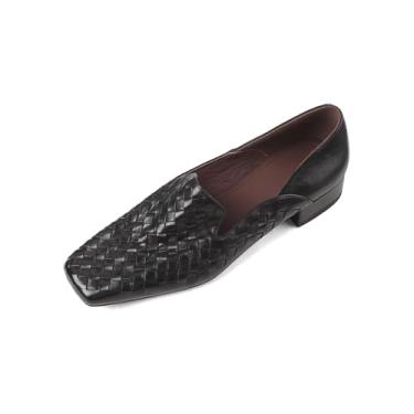 Imagem de TinaCus Mocassim feminino de couro legítimo com bico quadrado feito à mão, Preto, 38