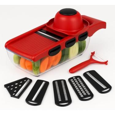 Imagem de Cortador Mandolin 6 em 1, Fatiador e Ralador de Legumes Multifuncional, com Lâminas de Aço Inox e Descascador, com suporte para armazenamento.