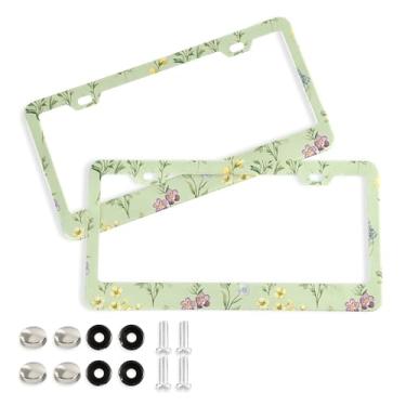 Imagem de SEHANY Molduras de placa de licença de flores florais coloridas, capas de moldura de placa de carro de alumínio à prova de ferrugem com orifícios elípticos e parafusos serve para veículos padrão dos