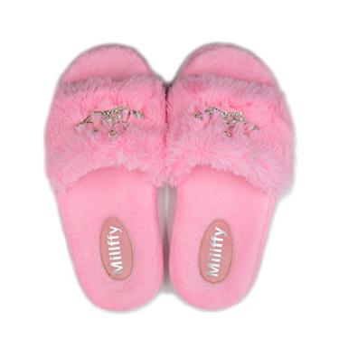 Imagem de Pantufas felpudas de pelúcia da Millffy com coroa de princesa, diamante brilhante, sapatos femininos, rosa e menina, chinelos para casa, rosa, 7-8