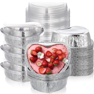 Imagem de Hushee 36 formas de bolo em forma de coração para dia dos namorados com tampa, folha de alumínio, forma descartável, para cupcake, embalagem de alimentos, muffin, pudim, copo de cozinha para o dia das