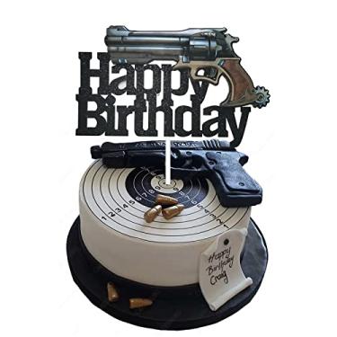 Imagem de Topo de bolo de arma, decoração de bolo de festa com tema de tiro de pistola de glitter, topo de bolo preto com glitter para chá de bebê, festa de aniversário, decoração de bolo, suprimentos
