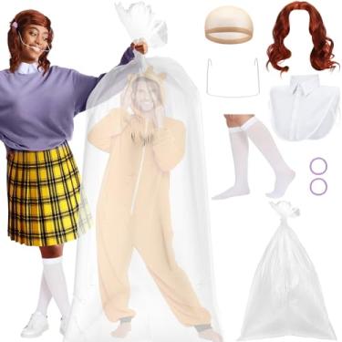 Imagem de Chicingyou Kit de fantasia de Halloween com 7 peças, inclui peruca feminina de rabo de cavalo vermelho, gola alta, meias brancas na altura do joelho, laços de cabelo roxos, cintas falsas e bolsa de