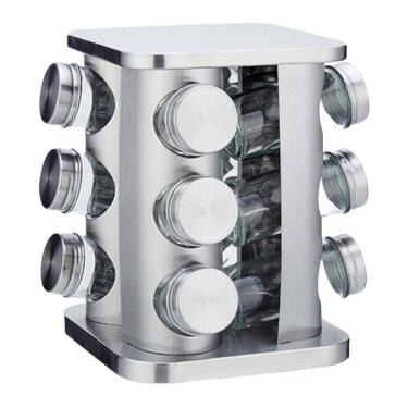 Imagem de Porta Condimento Tempero Inox 12 Potes Vidro Giratório