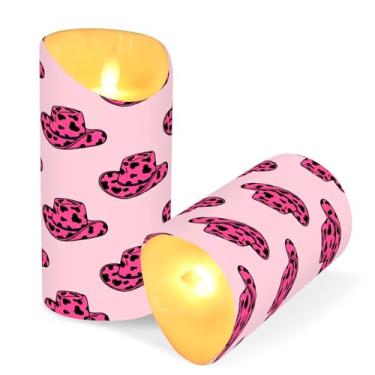 Imagem de Blueangle Pacote com 2 velas de chapéu de cowboy de vaca sem chama com controle remoto e temporizador, velas de pilar cintilantes de LED (7,6 cm x 9,9 cm) para decoração de casa, casamento
