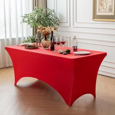 Imagem de FOLINS&HOME Toalha de mesa retangular vermelha de 1,8 m com elástico, resistente à água, lavável e lavável para mesas dobráveis de 1,8 m, toalha de mesa elástica para casamentos, banquetes, festas