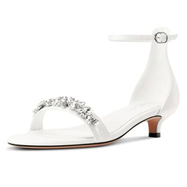 Imagem de DearOnly Sandália feminina de salto baixo com bico aberto e tira no tornozelo, fivela de cristal, strass, vestido de verão para escritório, salto de 3,5 cm, Branco, 40