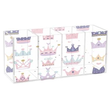 Imagem de Qilmy Porta-canetas de acrílico com coroa de desenho animado, 3 compartimentos, porta-lápis transparentes para mesa, organizador de pincéis de maquiagem, copo organizador de lápis para material