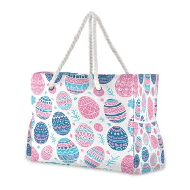 Imagem de Wassud Bolsa de praia com ovos fofos, grande, bolsa de praia para mulheres, impermeável, à prova de areia, bolsa de viagem com zíper e bolso para piscina, academia, acampamento