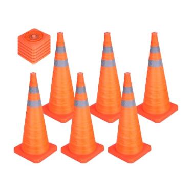 Imagem de PATIKIL 71 cm Pacote com 6 Cones de Trânsito Dobráveis, Cones de Segurança Laranja com Colarinho Refletivo Cones de Cuidado para Estacionamento Condução Treinamento Prática Emergência Barreira na