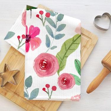 Imagem de Toalhas de cozinha de flores e folhas em aquarela, toalha de prato para casa de banho, toalha de chá de microfibra macia absorvente, panos de prato para secar pratos, presentes de inauguração de casa