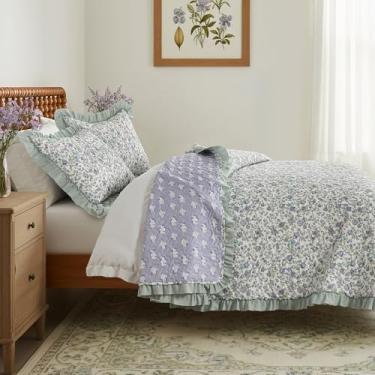 Imagem de HORIMOTE HOME Conjunto de colcha floral com babados, tamanho king, roxo e chique, colchas botânicas, de microfibra macia, leve, reversível, para todas as estações, conjunto de cama de 3 peças