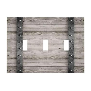 Imagem de DWBGUO Capa decorativa de placa de interruptor com barril de madeira de carvalho cinza vintage com design de faixas de ferro, placa de parede artística de 3 grupos, capas exclusivas para interruptor