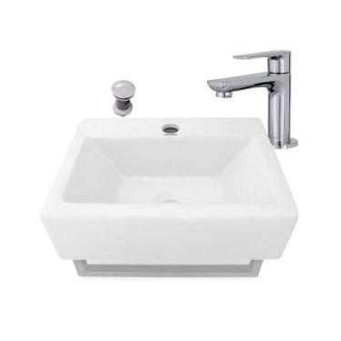 Imagem de Cuba de Apoio Retangular Luna com Toalheiro Modaza, Torneira Slim e Vá