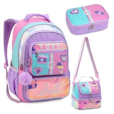 Imagem de Kit Mochila Escolar Lancheira Estojo Menina Bolsa Reforçada - Denlex, 