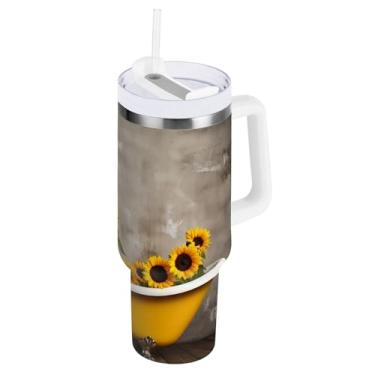 Imagem de ODAWA Copo grande vintage de girassóis isolado com alça e canudo, copo com isolamento duplo