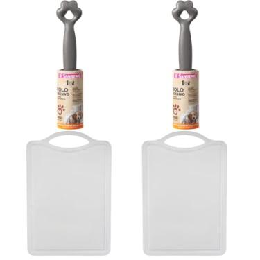 Imagem de Conjunto de 2 Tábua Branca Plástica de Corte para Alimentos + 2 Rolo Adesivo Tira Pelos Pet 60 Folhas