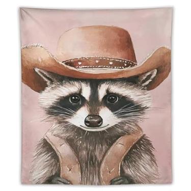 Imagem de Guaxinim em chapéu de cowboy com colete tapeçaria de parede bonito decoração animal de fazenda fundo rosa arte caprichosa para sala de estar quarto rústico estilo country decoração pendurada destaque