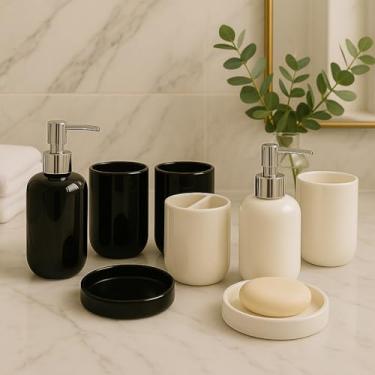 Imagem de Kit Jogo de Banheiro Porcelana 4 Peças para Lavabo – Dispenser Sabonete Líquido Porta Escova de Dente e Saboneteira Decorativa (4 PEÇAS LISO PRETO)