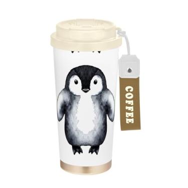 Imagem de Copo de café de 473 ml, copo de café com revestimento cerâmico com tampa e palha, copo isolado a vácuo de aço inoxidável, pintinhos de pinguim fofos em aquarela, preto